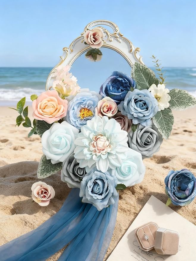 Artificial Flowers Box Blue Pink Silk Fake Rose for DIY Wedding Bridal Bouquets Cake Floral Arrangement Table Centerpieces Baby Shower Birthday Party Home Decor
