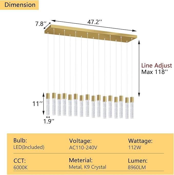 16-Lights Modern Crystal Rectangular Chandeliers LED Pendant Light for Kitchen Island High Ceiling Chandelier for Dining Room Entrance Foyer Living Room Gold
