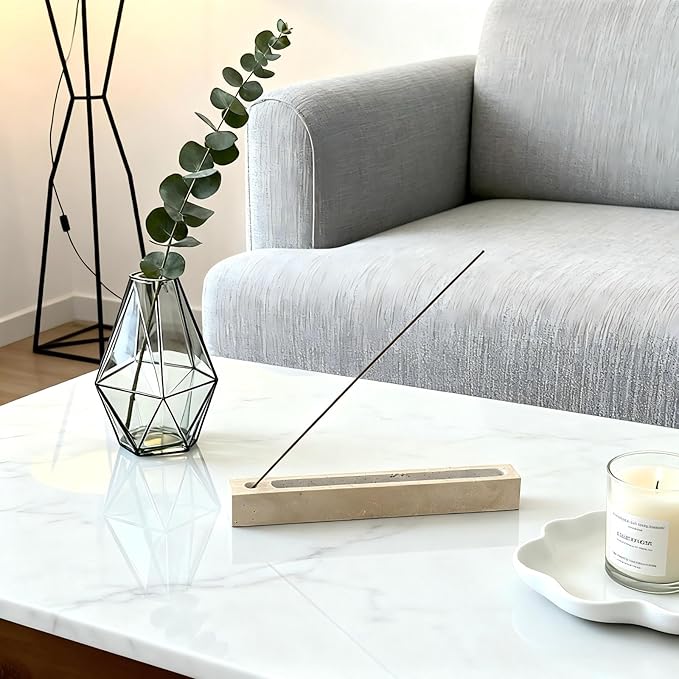 Travertine Incense Burner, 25cm Aromatherapy Tray, Beige Rectangular Ash Catcher for Sage and Cones,Incense Stick (22cm Rectangle)