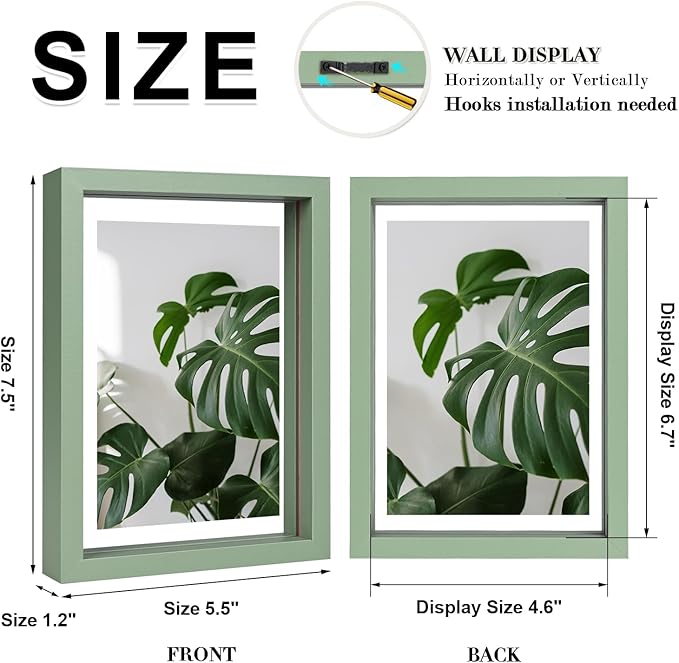 Egofine 5x7 Floating Frames Set of 2, Double Plexiglass Picture Frame, Made of Solid Wood Display Any Size Photo up to 5x7, Wall Mount or Tabletop Standing, Green