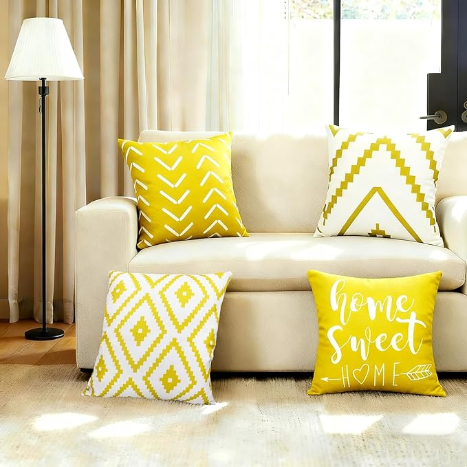 Decorative Throw Pillow Covers 18x18 inch Set of 4 Yellow Pillow Covers for Couch Sofa Bed Living Room,Farmhouse Outdoor Throw Pillow Cover,Modern Geometric Linen Square Throw Pillow Cases