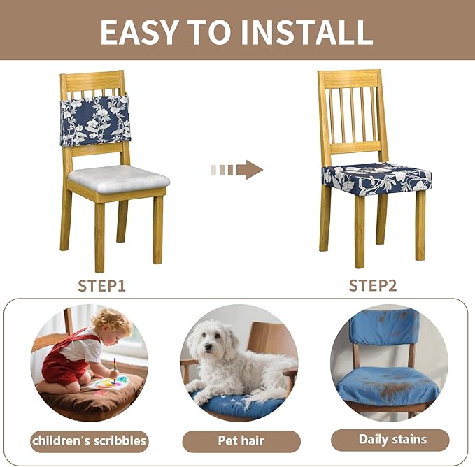 Stretch Dining Chair Seat Covers Set of 6,Dining Chair Slipcovers, Floral Printed Chair Covers,Soft Fabric Washable Upholstered Chair Seat Protector, No Rear Covers for Home Kitchen Dining Room
