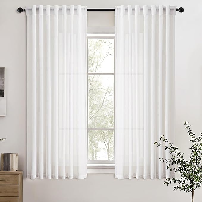 White Linen Blend Short Kitchen Curtains 45 Inch Length 2 Panel Set Semi Sheer Light Filtering Back Tab Rod Pocket Drapes Modern Farmhosue Small Curtains for Cafe Bathroom Living Room 45 Inches Long