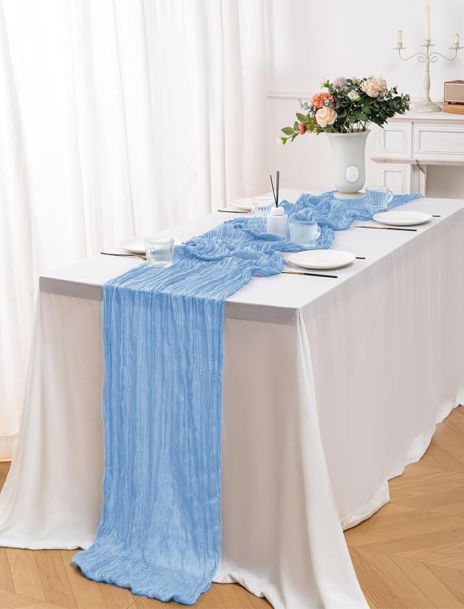 10 Pack Baby Blue Cheesecloth Table Runner,10FT/120 Inch Boho Gauze Fabric Table Runner,Rustic Sheer Light Blue Cheese Cloth Runner Bulk for Wedding,Bridal Baby Shower,Birthday Party,Table Decor