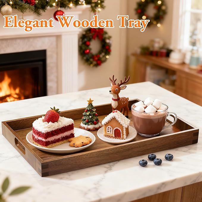 Serving Trays - 2 Pack, Acacia Wood Serving Platters with Ergonomic Handles, Versatile Rustic Decorative Trays for Breakfast, Brunch, Dinner, Coffee Table, Party, Kitchen-M