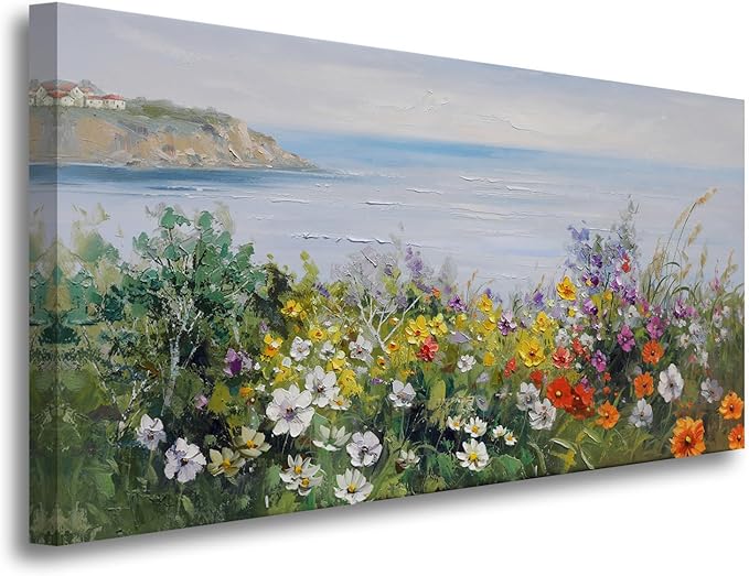 Acocifi Coastal Floral Wall Art Canvas Nature Flower Landscape Seascape Painting Colorful Wildflowers Picture, Large Textured Artwork for Living Room Bedroom Bathroom Kitchen Office Home Decor 40"x20"