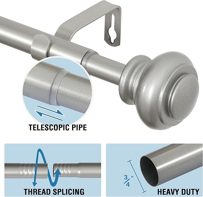H.VERSAILTEX Curtain Rods for Windows 16.2 to 59.4 Inches 3/4 inch Diameter Adjustable Decorative Telescoping Curtain Rod with Brackets Heavy Duty Splicing Window Rods with Classic Finials, Nickel