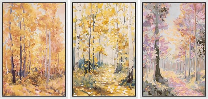 SIGNWIN Framed Canvas Print Wall Art Set Golden Autumn Forest Path Impressionist Landscape Illustrations Modern Art Decorative Chic Calm for Living Room, Bedroom, Office - 16"x24"x3 White