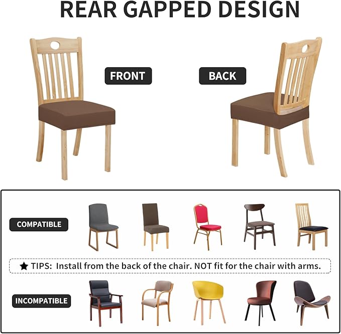 Easy-Going 100% Waterproof Seat Covers for Dining Room Chairs Set of 6, Stretch Chair Seat Slipcovers Protector Removable and Washable Kitchen Dining Chair Covers, Brown