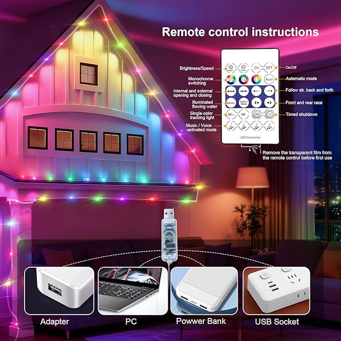 1Pack USB Plug in Christmas Fairy String Lights,16ft 50 LED Color Changing with APP Controlled & Remote Timer, Music Sync Waterproof RGB Twinkle Light Battery Powered for Bedroom Indoor Party Wedding
