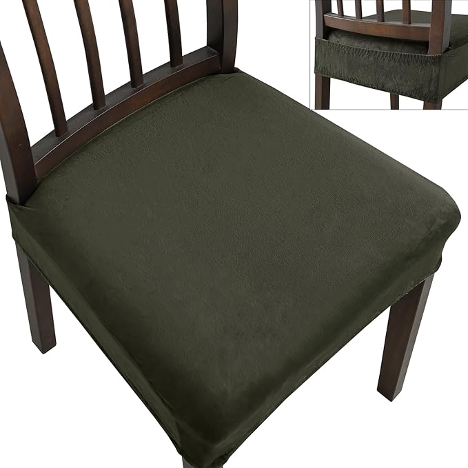 Dining Chair Seat Covers Set of 6, Stretch Velvet Chair Seat Slipcovers Protector, Removable Washable Kitchen Chair Covers for Dining Room Chairs (Set of 6, Military Green)