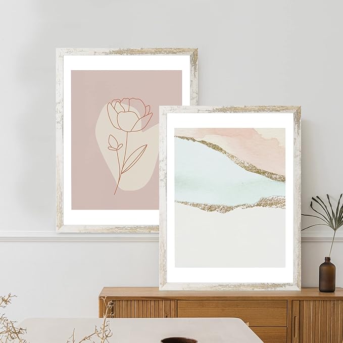 18x24 Frame Set of 2, Distressed White Wood Style - Display 18 x 24 Poster without Mat or 16x20 Picture with Mat, Wall Mounting Horizontal and Vertical