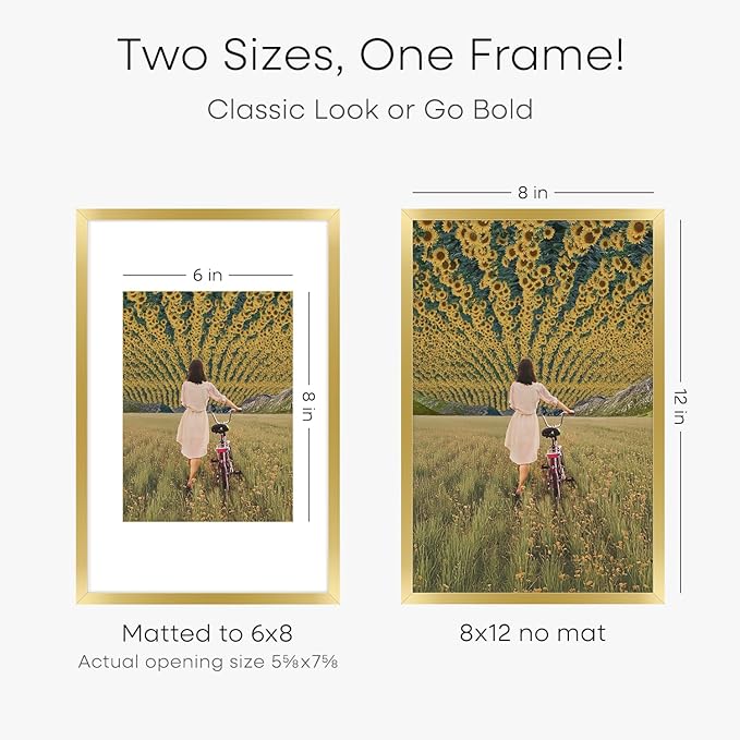Homeforia 8x12 Picture Frame Gold, High End Metal 8 x 12 Poster Frames with Mat 6 by 8 for Photo, 12x8 Frame Matted to 6x8 inch Print, 8by12 Wall or Tabletop Frames, Tempered Glass, Wall Kit, Set of 4