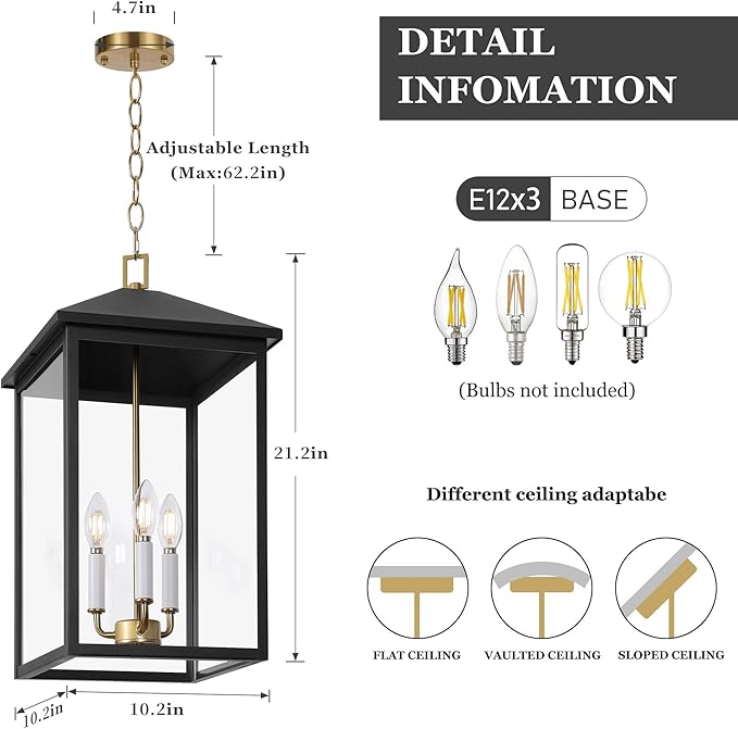 LamQee 21.2'' Large Outdoor Pendant Light Fixtures, 3-Light Modern Black Exterior Ceiling Hanging Lantern with Gold and White Candle, Outside Chandelier Lighting for Front Porch Entryway Patio Gazebo
