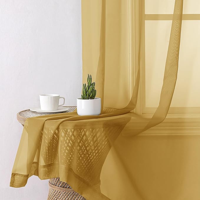 Lecloud Gold Sheer Curtains 72 Inch Length 2 Panels, Light Filtering Voile Window Drapes for Bedroom, Dual Rod Pocket Living Room Elegant Window Treatments, 40 W x 72 L Inches, Gold