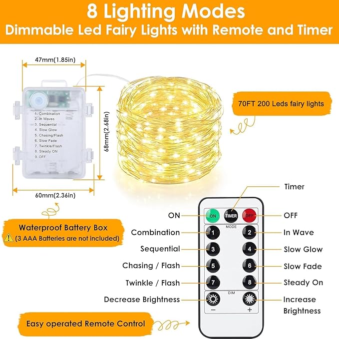 Upgraded 4Pack 280Ft 800 LED Fairy Lights Battery Operated with Remote & Timer, Waterproof Christmas String Lights Outdoor Indoor, Battery Twinkle Lights for Bedroom, Xmas, Parties, Tree, Garden Decor