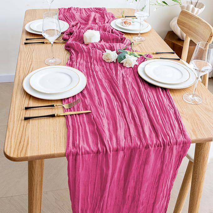 Wokceer Cheesecloth Table Runner 12Pack 10FT Deep Pink Boho Gauze Cheese Cloth Table Runner for Party Long Rustic Sheer Table Runners for Baby Bridal Shower Wedding Easter Table Decor