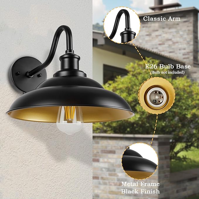 Outdoor Barn Light, 12 Inch Farmhouse Exterior Wall Mount Light, Outdoor Sconce Wall Lighting Fixture, Outside Industrial Black Lantern, Gold Interior, 3 Pack