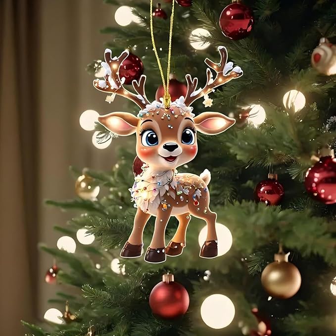 2 PCS Cute Elk Acrylic Christmas Hanging Ornaments - Transparent Flat Pendant with Hanging Ropes for Christmas Tree, Car Rearview Mirror, Home Indoor Outdoor Party Decor