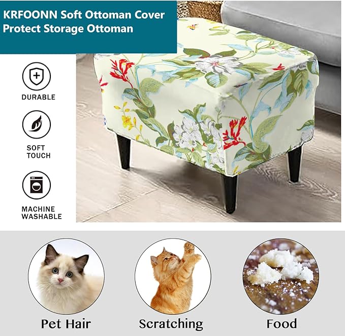 KRFOONN Stretch Ottoman Cover Slipcovers Rectangle Fit Length 27"-35" Footrest Stool Covers Printed Ottoman Cover for Foot Stool Furniture Protector with Non Slip Elastic Bottom, Color 06