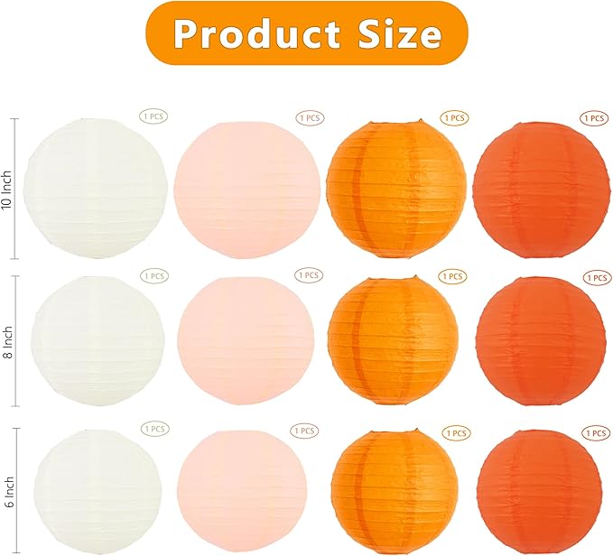 BEISHIDA Orange Round Paper Lanterns Decorative Hanging Asia Chinese Japanese Paper Lanterns Lamp for Thanksgiving Fall Harvest Birthday Baby Shower Wedding Home Decor Outdoor Party Decoration(12Pack)