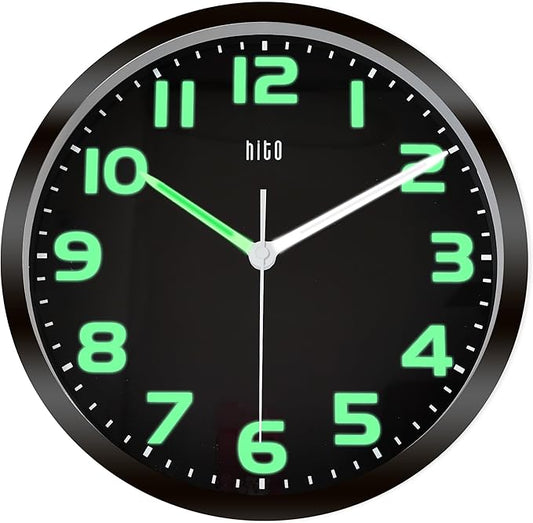 HITO 10 Inch Night Light Wall Clock Battery Operated Brightness Adjustable, Black Metal Frame, Glass Cover(Hands + Numbers Illuminate)