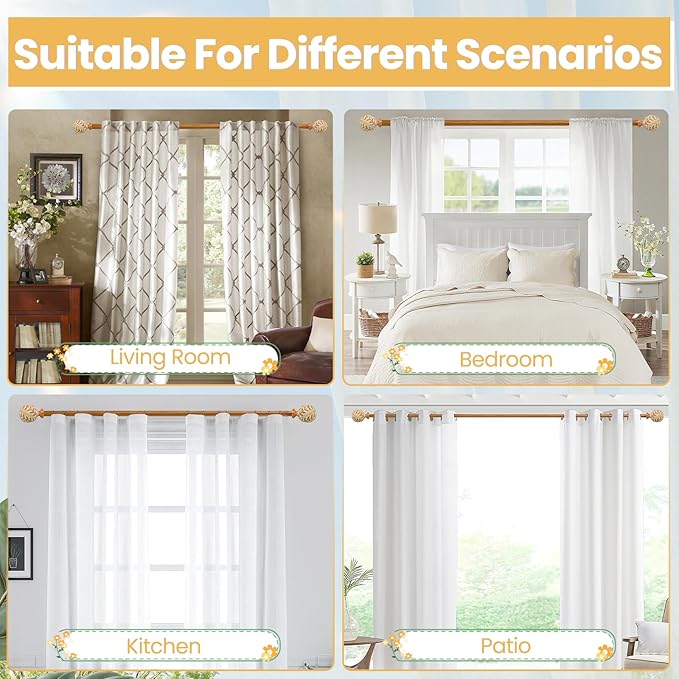 Imitation Wood Grain Curtain Rod for Windows 28 to 48 Inches: 1 Inch Heavy-Duty Adjustable Decorative Curtain Rod With Rustic Leaf Finials for Bedroom & Living Room
