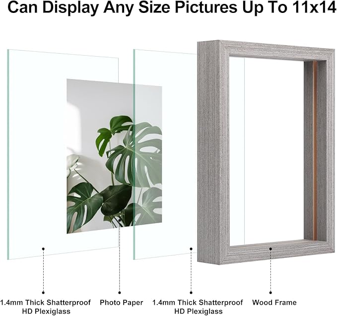 Egofine 11x14 Floating Frames Set of 2, Double Plexiglass Picture Frame, Made of Solid Wood Display Any Size Photo up to 11x14, Wall Mount or Tabletop Standing, Light Grey