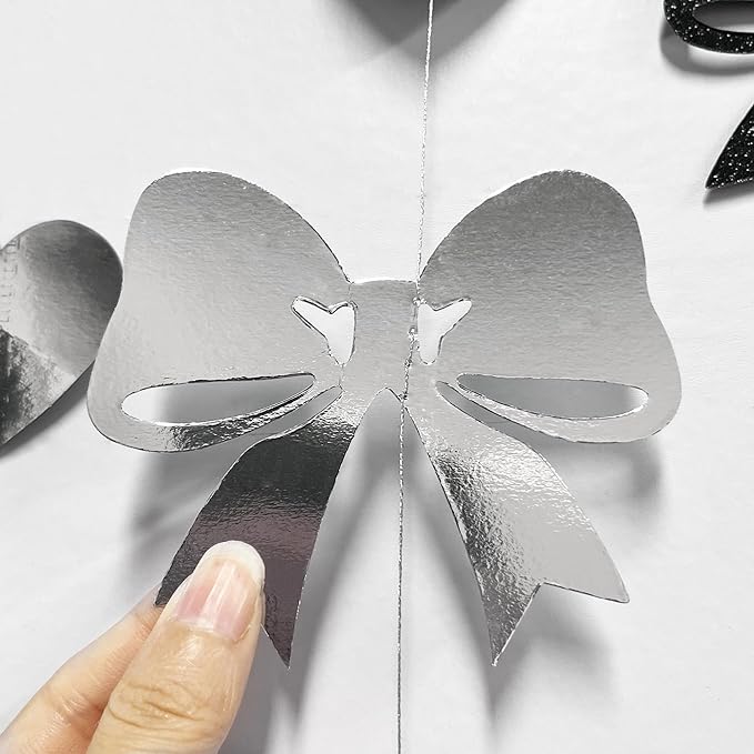 Bow Decorations Siver Black Metallic Glitter Paper Bow Heart Hanging Garland Streamer for Coquette Birthday Valentines Bachelorette Wedding Bridal Shower Anniversary Hen Party Decorations Supplies