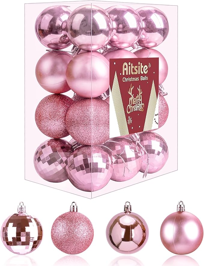 Aitsite 24ct Christmas Tree Ornaments Set 1.57 inches Mini Shatterproof Holiday Ornaments Balls for Christmas Decorations (Pink)