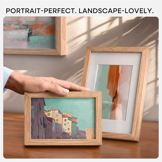 Homeforia A4 Picture Frame Wood, High-End Natural Oak 8.3 x 11.7 Wooden Poster Frames Matted to 5.8 by 8.3 inch Photo, A4 Size Light Wooden Frames with Mat A5 Print, Tempered Glass, Wall Kit, Set of 1