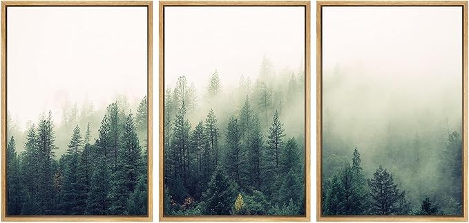 SIGNWIN 3 Piece Framed Canvas Wall Art Green Foggy Mountains Nature Wilderness Photography Abstract Rustic Aerial Canvas Prints Home Artwork Decoration for Living Room,Bedroom - 24"x36"x3 Natural