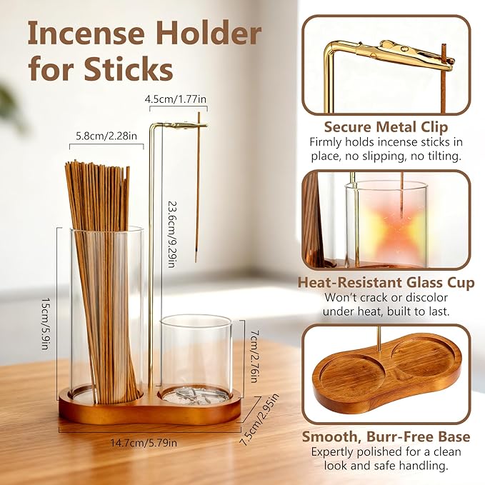 3-in-1 Incense Holder for Sticks, Upgrade Anti-Ash Flying Incense Burner with Enlarged Ash Catcher and Incense Storage Cup for Meditation, Yoga, Spa, Home Décor & Gifts (Cone Holder & Brush Included)