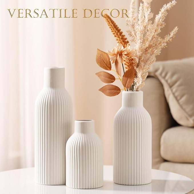 Ceramic Vase Set of 3 - Handcrafted Ceramic Vases for Home Decor & Shelf - Modern Farmhouse Decor for Kitchen, Office, Bedroom & Living Room Decorative Objects for Mantel, Table Centerpieces