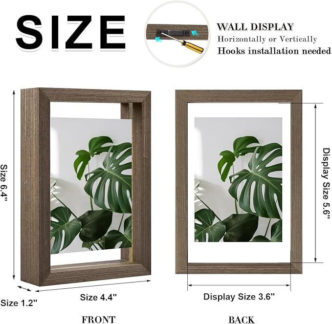 Egofine 4x6 Floating Frames Set of 2, Double Plexiglass Picture Frame, Made of Solid Wood Display Any Size Photo up to 4x6, Wall Mount or Tabletop Standing, Brown