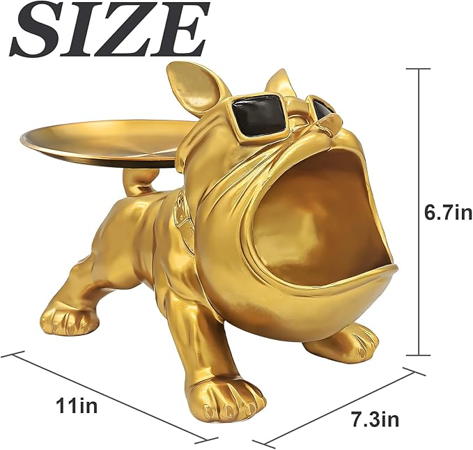 Resin French Bulldog Tray Statue, Bulldog Candy Dish Key Holder Bowl, French Bulldog Accessories, Statues for Office Desk Home Decor Figurines Entryway Table Decor (Gold)
