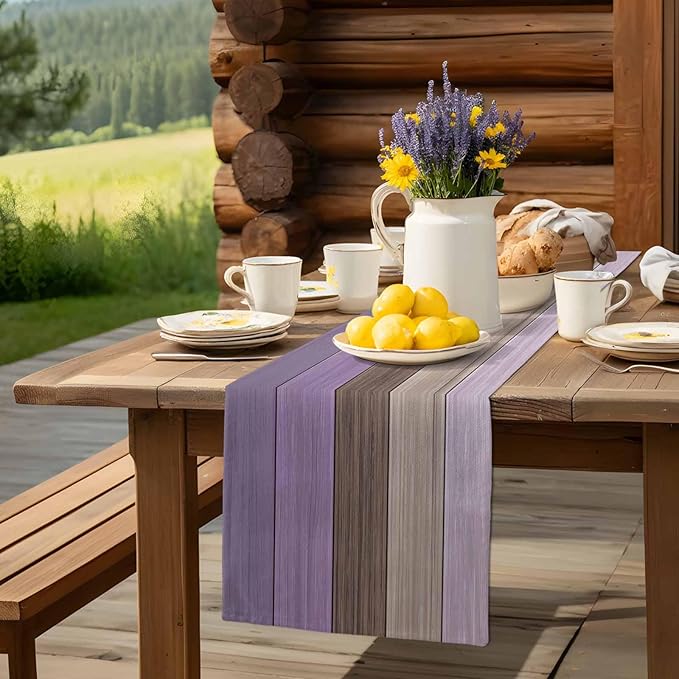 Farmhouse Cotton Linen Table Runner Dresser Scarf Retro Rustic Barn Wood Texture Ombre Lavender Purple Brown Non-Slip Rectangle Settings Decoration for Kitchen Home Dining Holiday,72 inches Long
