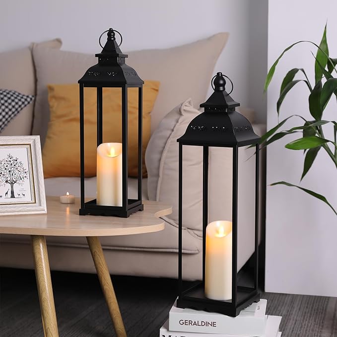 2 Pack Large Lanterns Decorative Indoor, Black Farmhouse Outdoor Lantern for Porch, Tall 22'' 17'' Lantern Decor (no Glass) with 2PCS Flameless Candles for Wedding Home Table Front Door