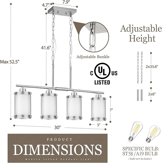 4-Light Kitchen Island Lighting, Brushed Nickel Linear Dining Room Light Fixtures with Frosted Glass, Modern Industrial Chandelier Pendant Light for Kitchen Island Dining Room, OS-3014-4ISBNW