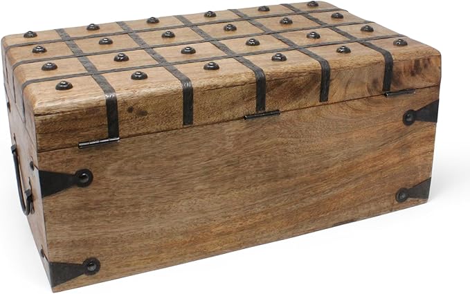Nautical Cove Treasure Chest Wooden Box with Antique Iron Lock and Skeleton Key (X-Large 17x10x7.5) - Storage and Decor – Pirate Wooden Treasure Chest, Decorative Box with Hinged Lid,