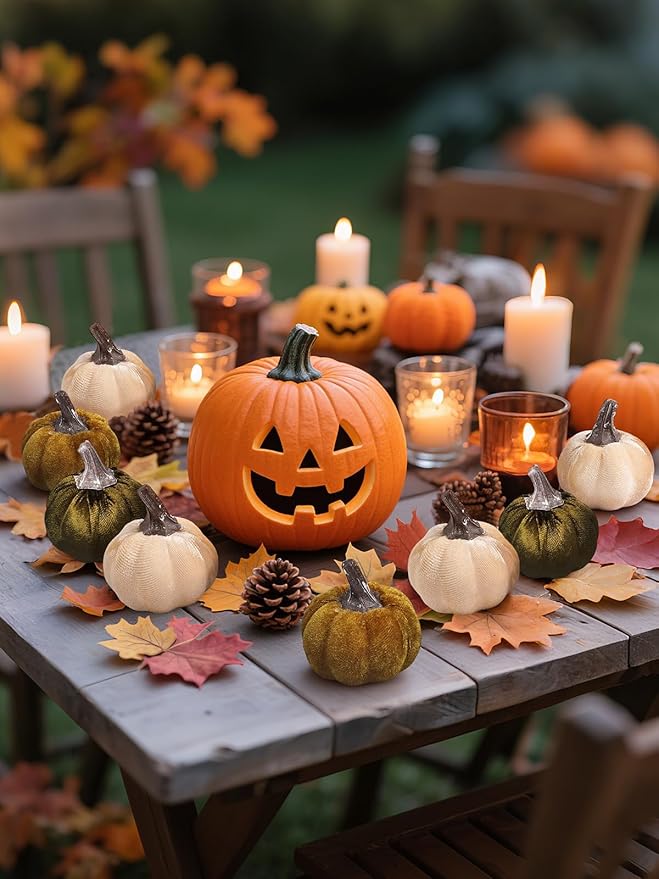 12pcs Fall Pumpkins Decor Set,Artificial Mini Pumpkins for Decorating, Velvet Mixed Fall Pumpkin Decor for Halloween Thanksgiving Harvest Table Centerpieces (Olive Green&Dark Green&Cream)