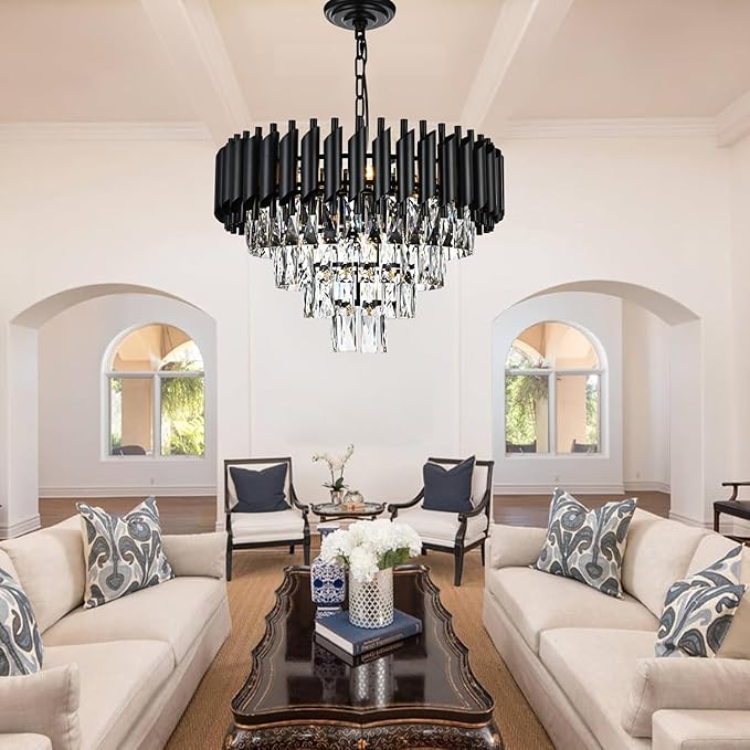 9-Light Modern Round Crystal Chandelier Lights, 4 Tiers Luxury Pendant Ceiling Light, 19.7" Crystal Chandeliers Lighting for Dining Living Room Kitchen Island Bedroom Foyer Hallway (Black)