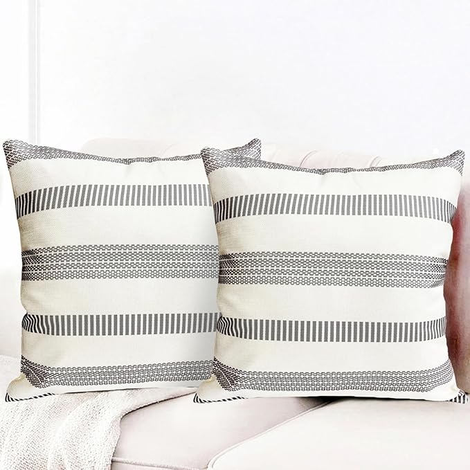 Decorative Throw Pillow Covers Set of 2 Light Gray Boho Striped Pillow Covers 18x18 Inch Throw Pillow Cover Linen Pillowcase Farmhouse Outdoor Pillow Covers for Couch Sofa Bed Living Room