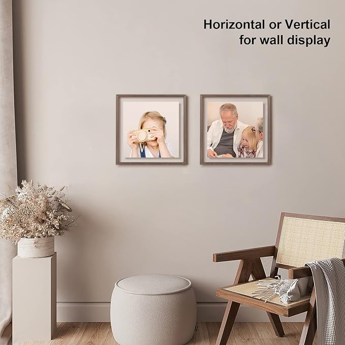 Egofine 12x12 Floating Frames Set of 2, Double Plexiglass Picture Frame, Made of Solid Wood Display Any Size Photo up to 12x12, Wall Mount or Tabletop Standing,Brown