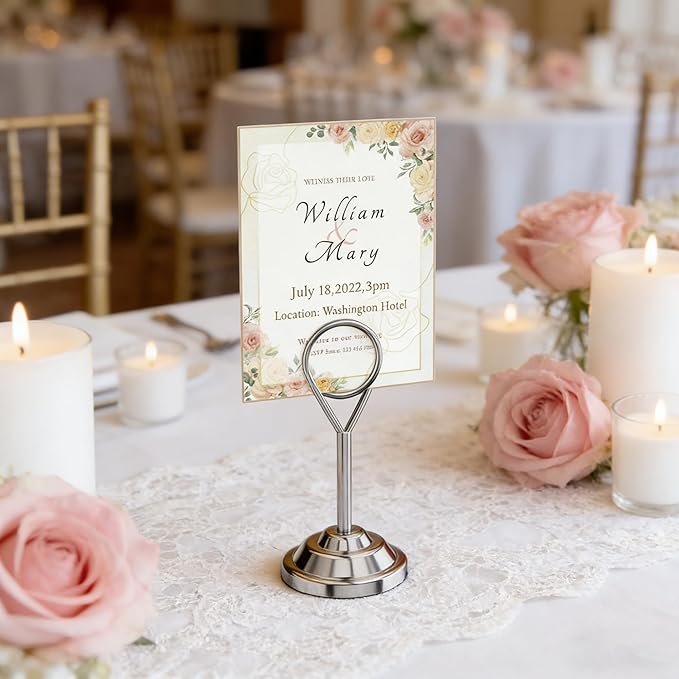 Urban Deco 16 Pieces Table Card Holder Place Card Holders 4 inches Steel Card Holders for Photos, Food Signs, Memo Notes, Weddings, Restaurants, Birthdays (Silver Round)