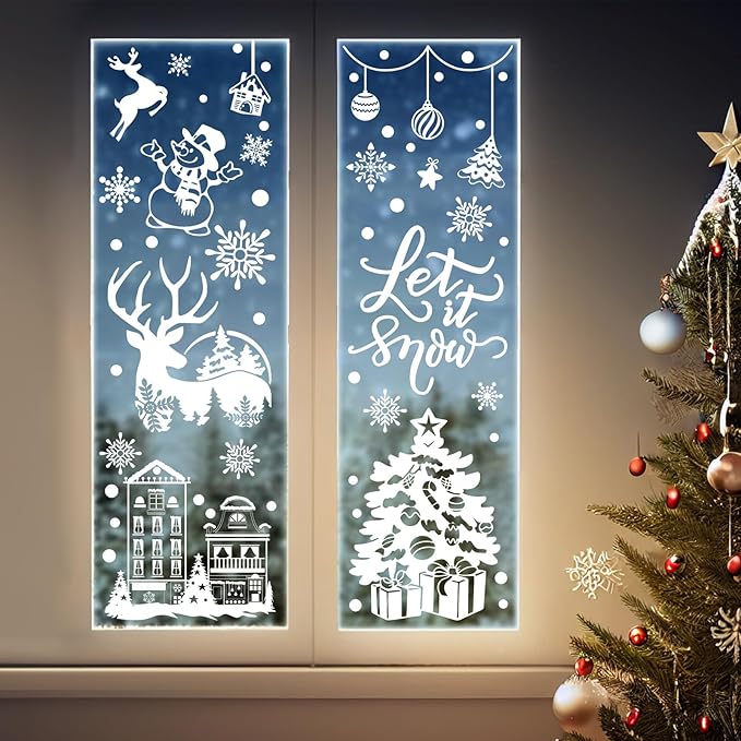9 Sheet Christmas Snowflake Window Clings Winter Wonderland Decal Stickers Let it Snow Reindeer Snowman Window Seasons Decals for Elk Snowball Holiday Home Kitchen Living Room,9 Sheets (Winter2)