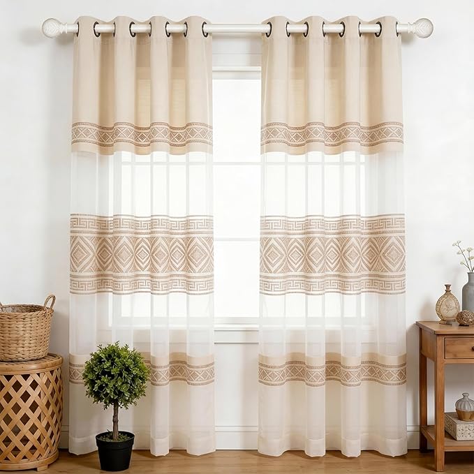 BRIOFOX White Boho Curtain Rods for Windows 28 to 48 Inch - 1 inch Diameter Heavy Duty Curtain Rods with Imitation Wood Grain Leaf Pattern Finials,Adjustable Decorative Curtain Rods Set,28-58''