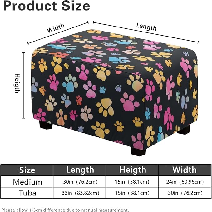 Colorful Paw Stretch Ottoman Slipcover Easy to Install Rectangular Footstool Cover Form Fit Folding Storage Furniture Protector for Living Room Sofa Footstool 33X30X15 Inch