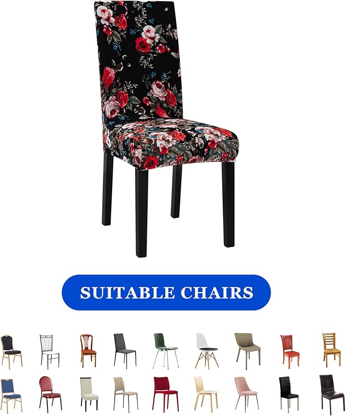 Sufdari Dining Chair Covers,Kitchen Chair Cover,Parsons Chair Slipcover,Spandex Chair Protectors for Dining Room Stretch Chairs Cover Set of 4 -Black Rose