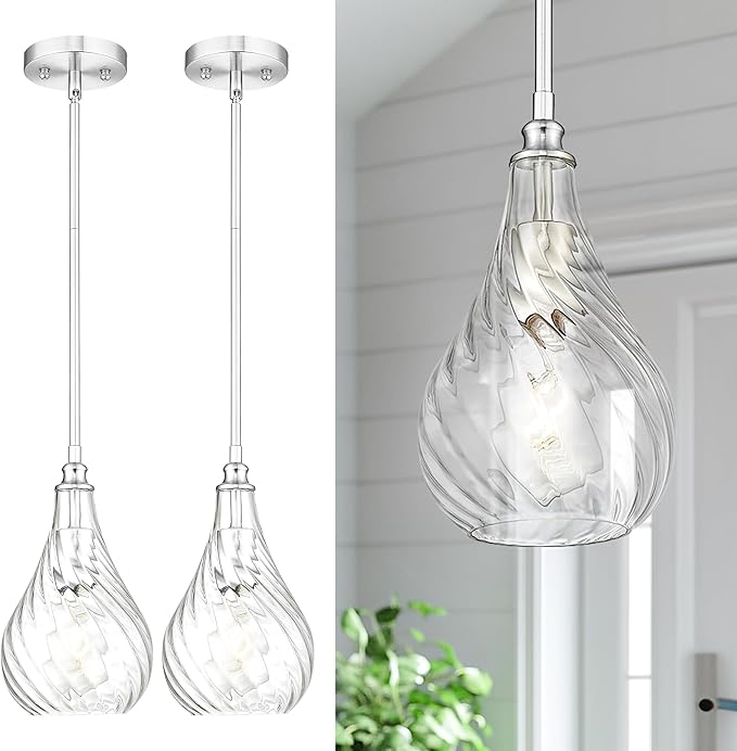 TENGXIN 2 Pack Pendant Lights Kitchen Island,Brushed Nickel Finished Striped Glass Hanging Pendant Light,Farmhouse Pendant Light for Dining Room,Bedroom,6 Inch
